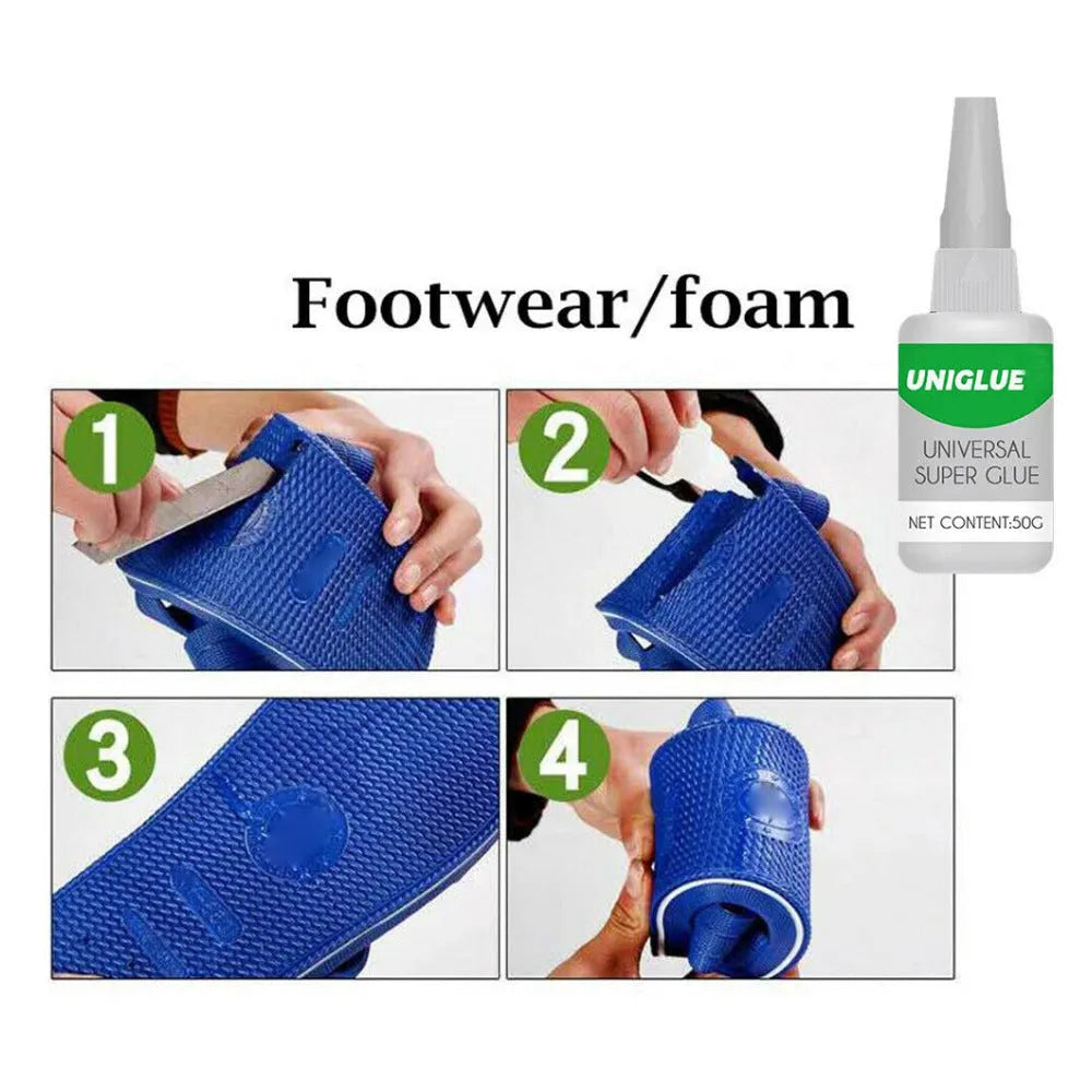 Uniglue Universal Super Glue tube with pin-point nozzle for no-drip application on various materials.