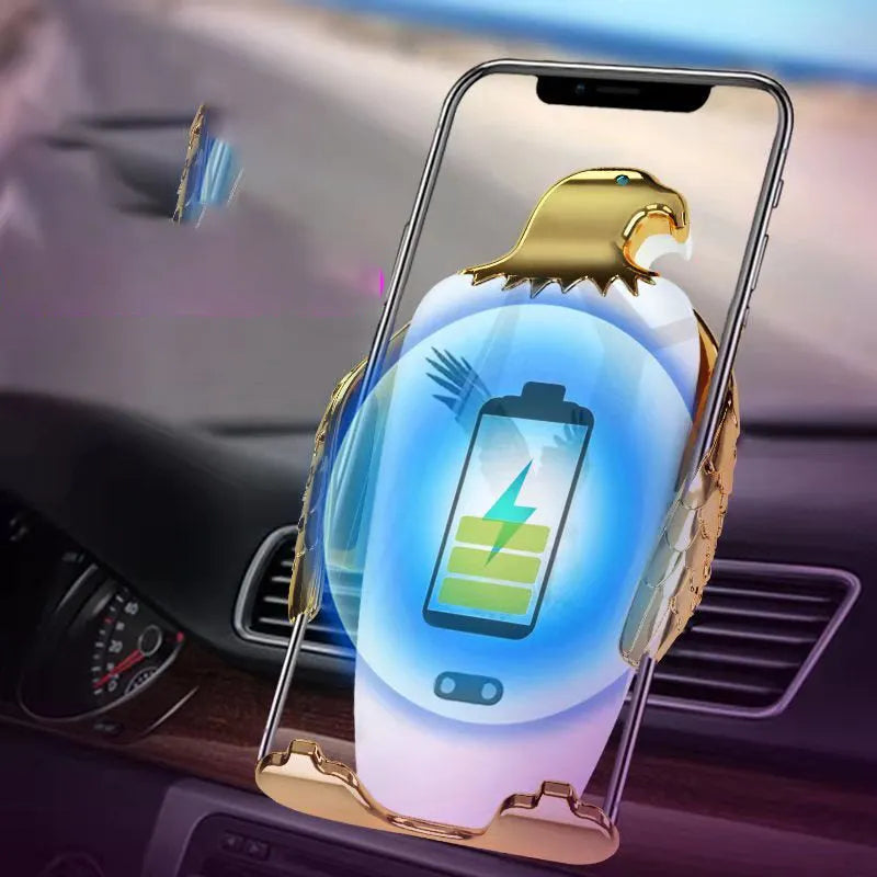 Eagle style wireless charging car phone holder with suction cup mount in black and gold