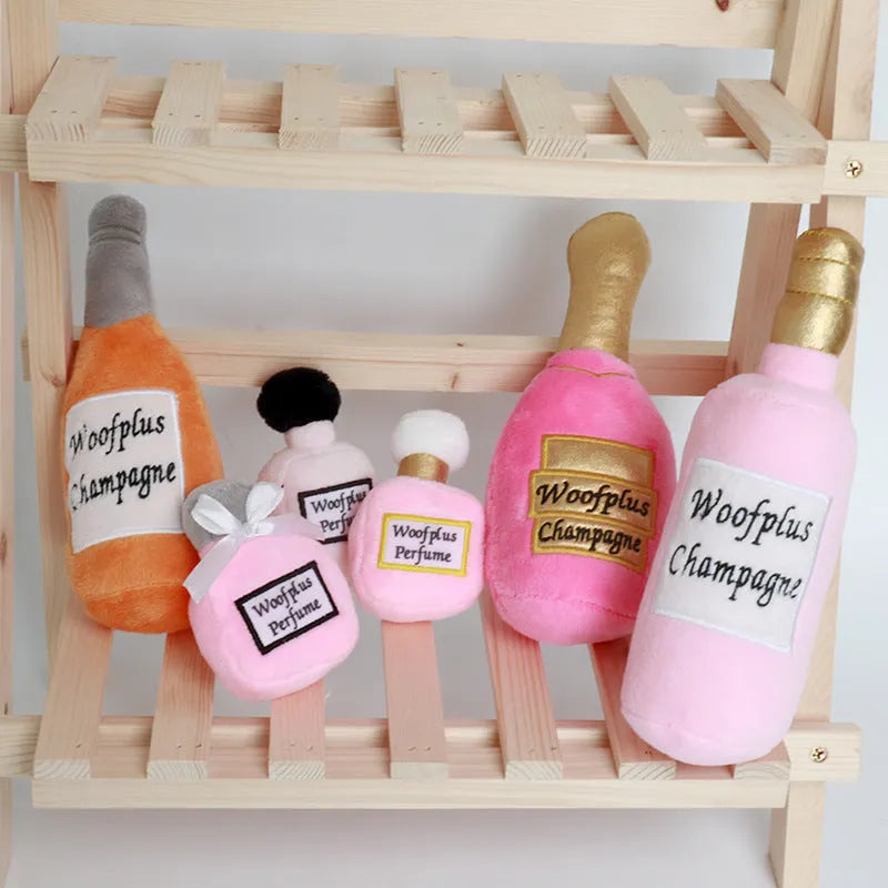 Creative plush wine bottle pet toy for cats and small dogs in various colours