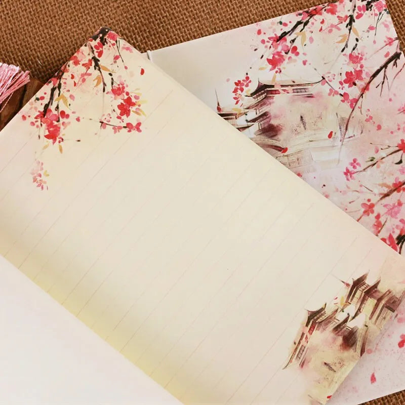 Azalea coloured Chinese style notebook with watercolour art cover and traditional thread binding