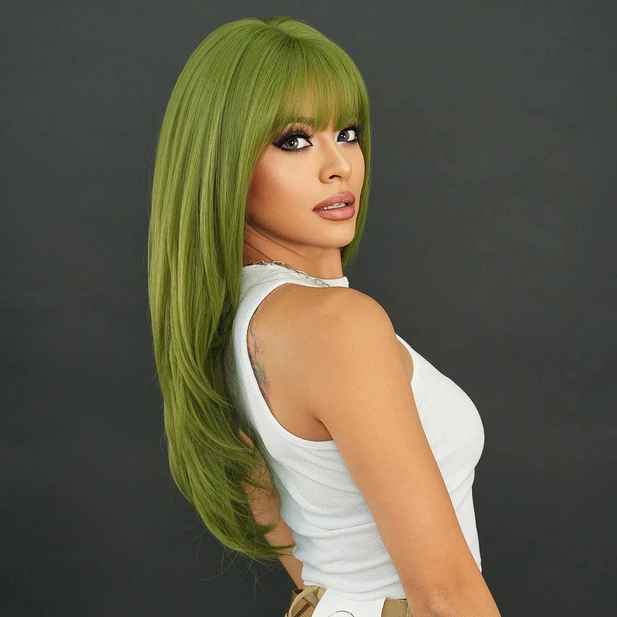 Vanilla green long straight women's wig with bangs, 63 cm silk fibre
