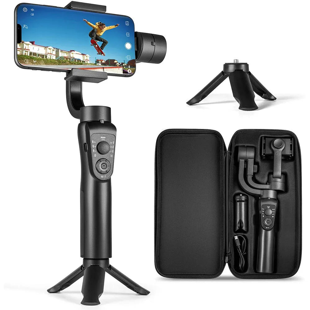 Black three-axis mobile phone gimbal stabiliser with tripod and protective cases