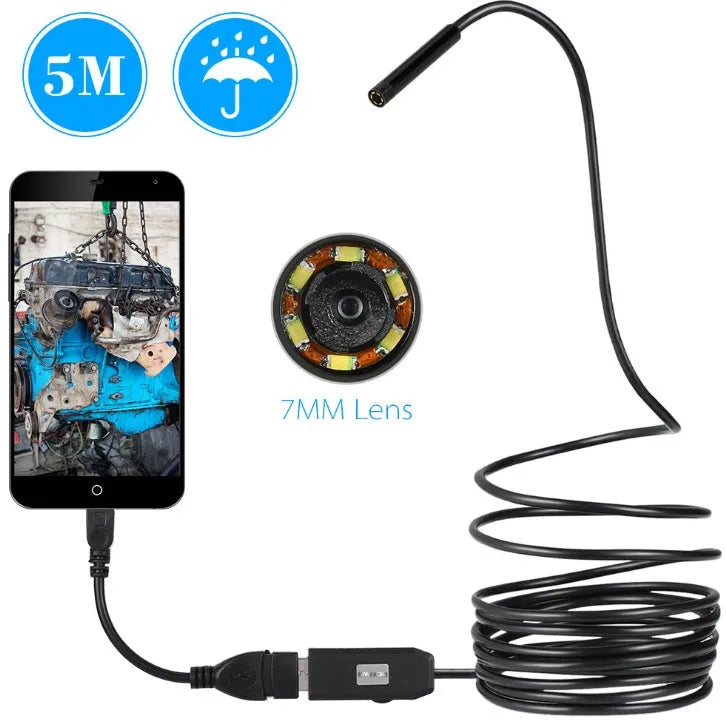 OWSOO USB endoscope camera with 5m cable, 7mm lens, six LEDs, hook, magnet, and mirror attachments