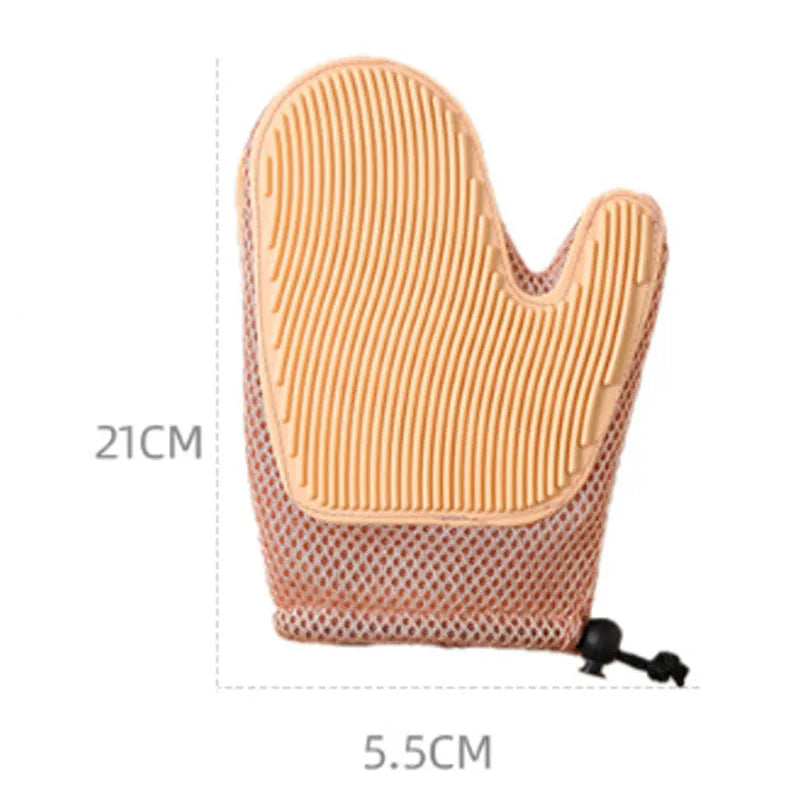Dark blue mesh and TPR pet grooming glove for removing cat and dog hair from pets and fabrics.