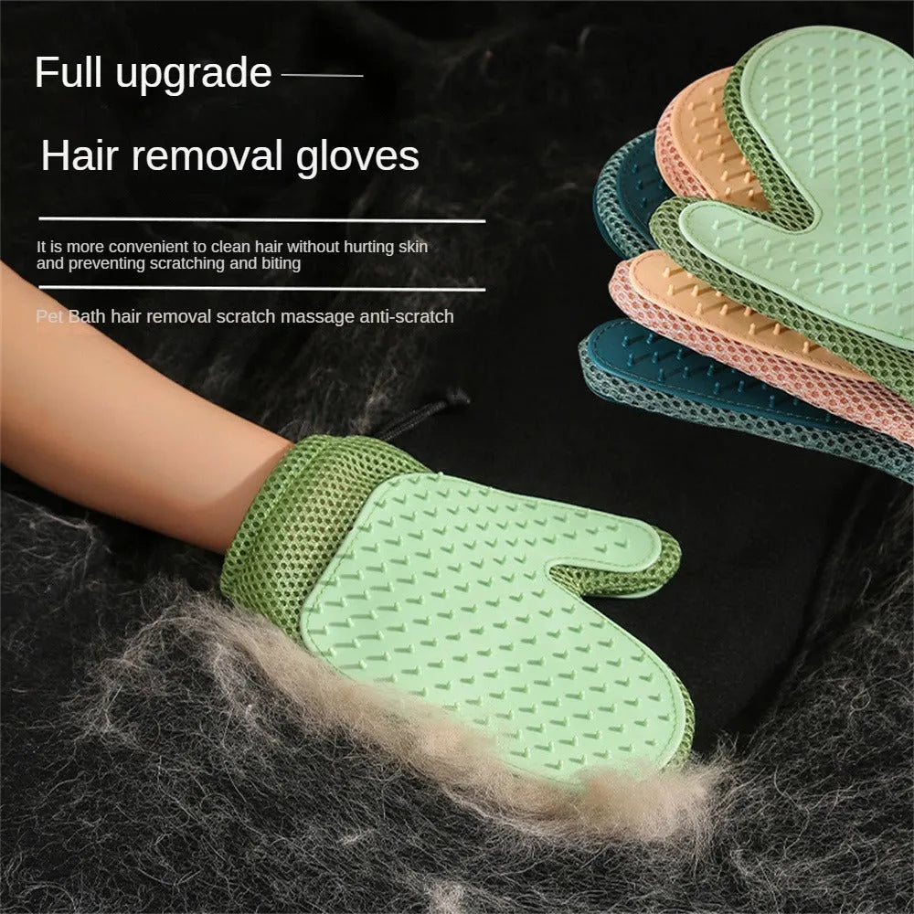 Dark blue mesh and TPR pet grooming glove for removing cat and dog hair from pets and fabrics.