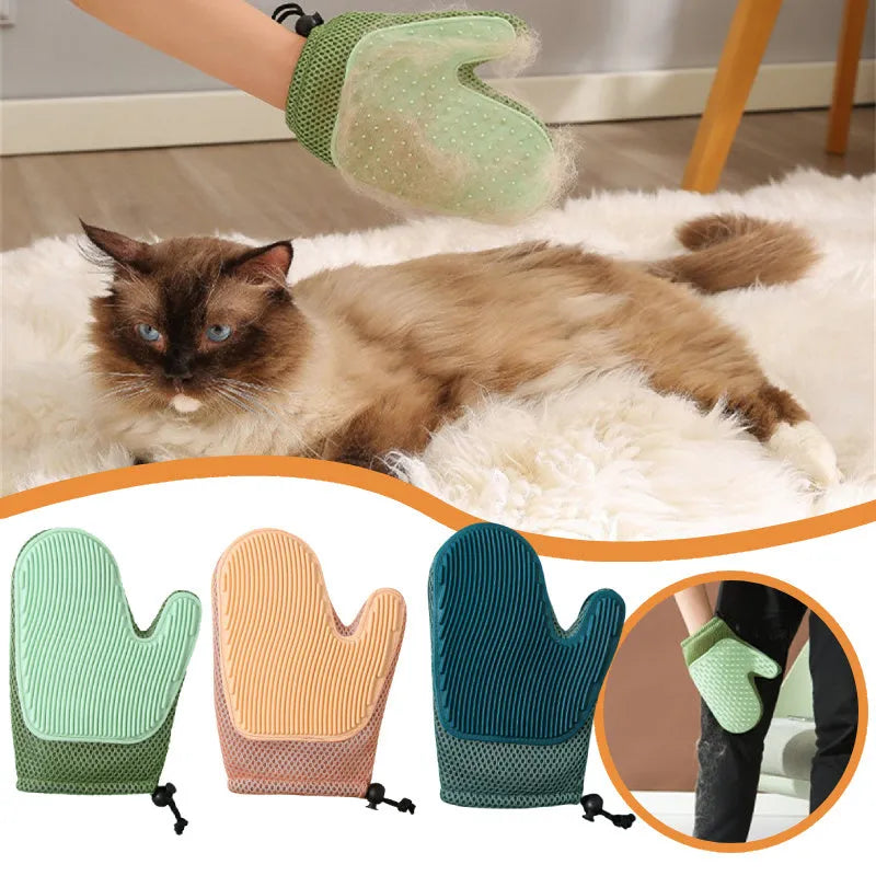Dark blue mesh and TPR pet grooming glove for removing cat and dog hair from pets and fabrics.