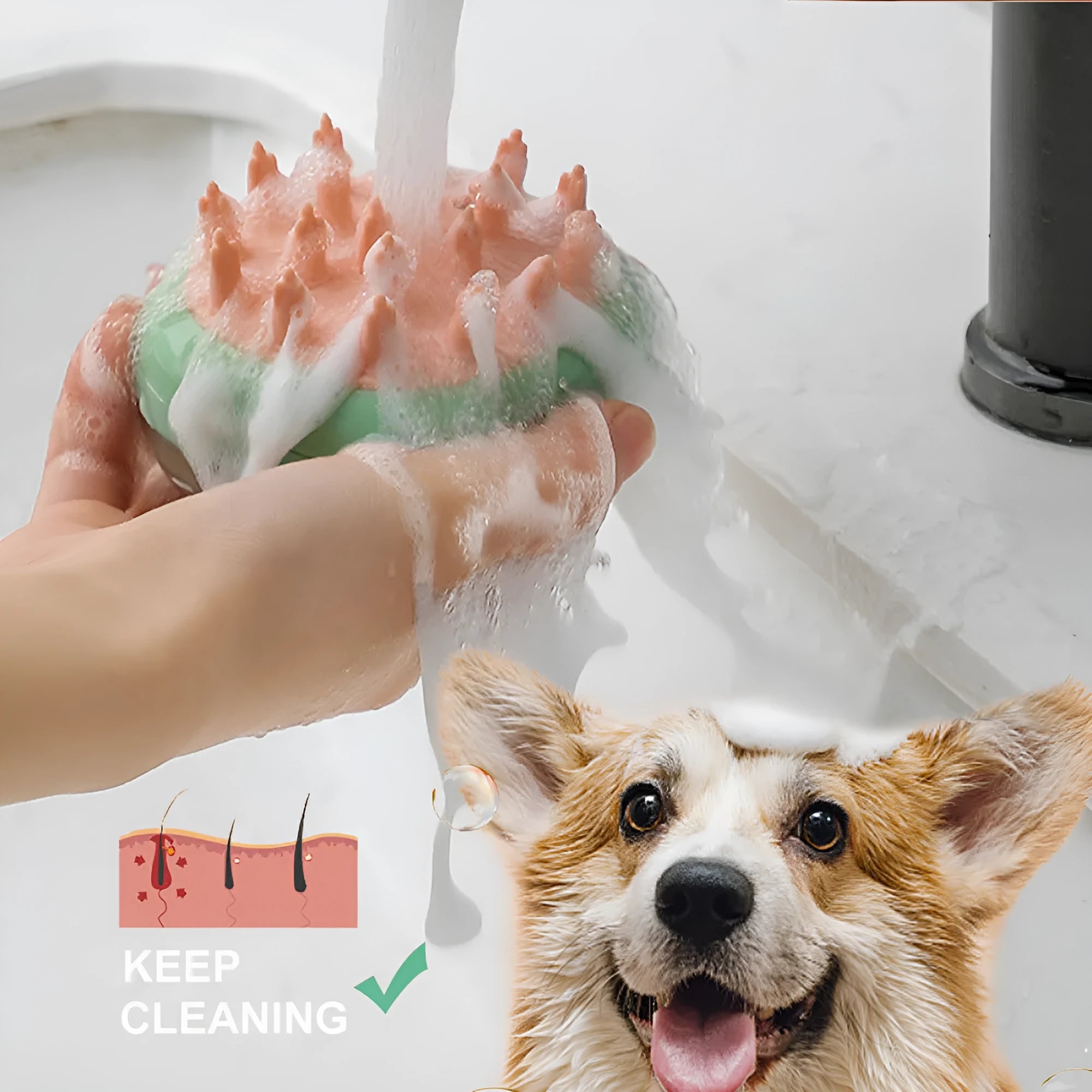 Blue and green pet grooming brush with shampoo dispenser for dogs and cats.