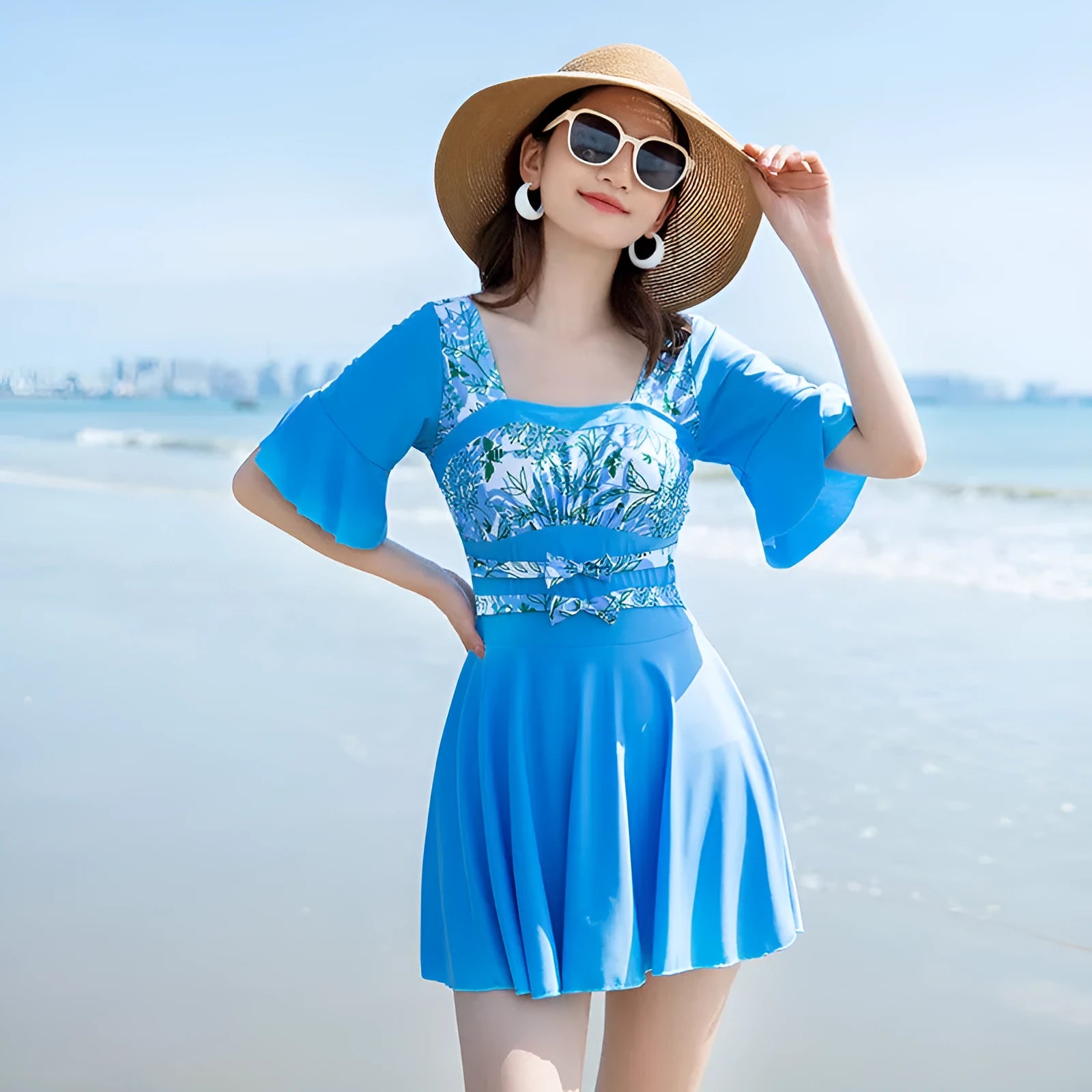 Women's seaside printed one-piece swimsuit in chemical fibre blend fabric