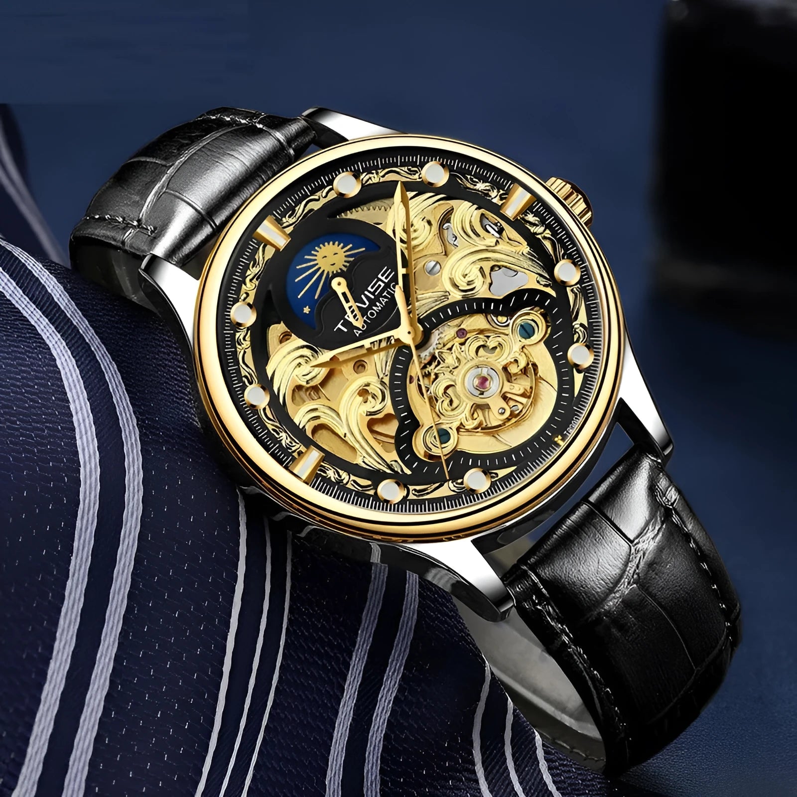Men's gold leather strap automatic mechanical watch with sunray dial on wrist