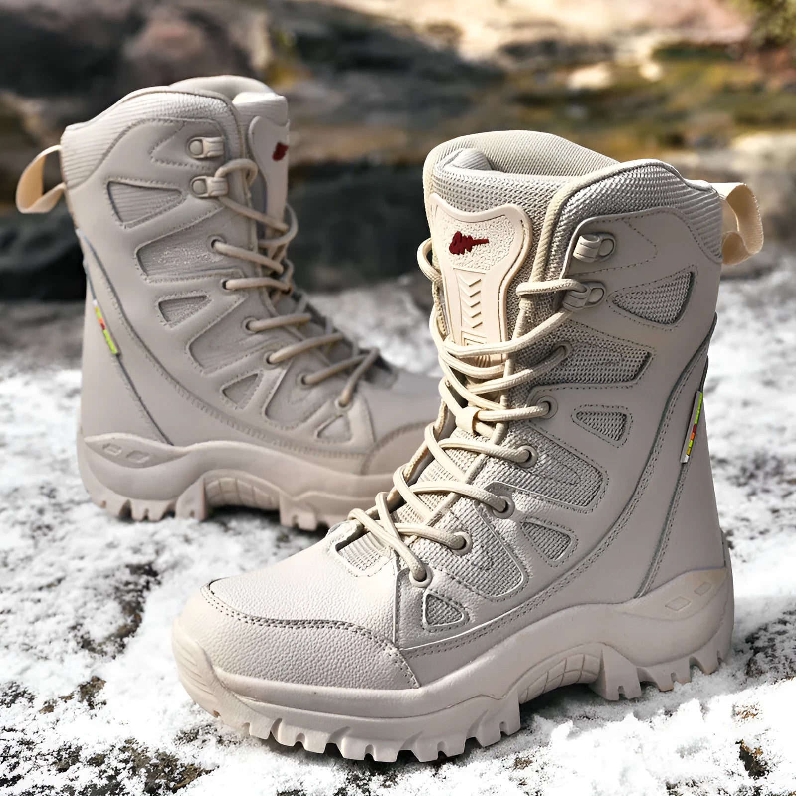 Men's beige cowhide leather hi-top hiking shoes with platform sole on a rocky outdoor surface.