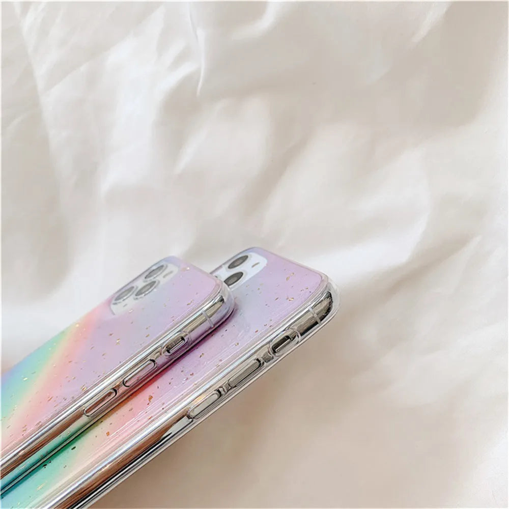 Rainbow gradient striped TPU protective case for iPhone, showing Japanese-Korean style design.