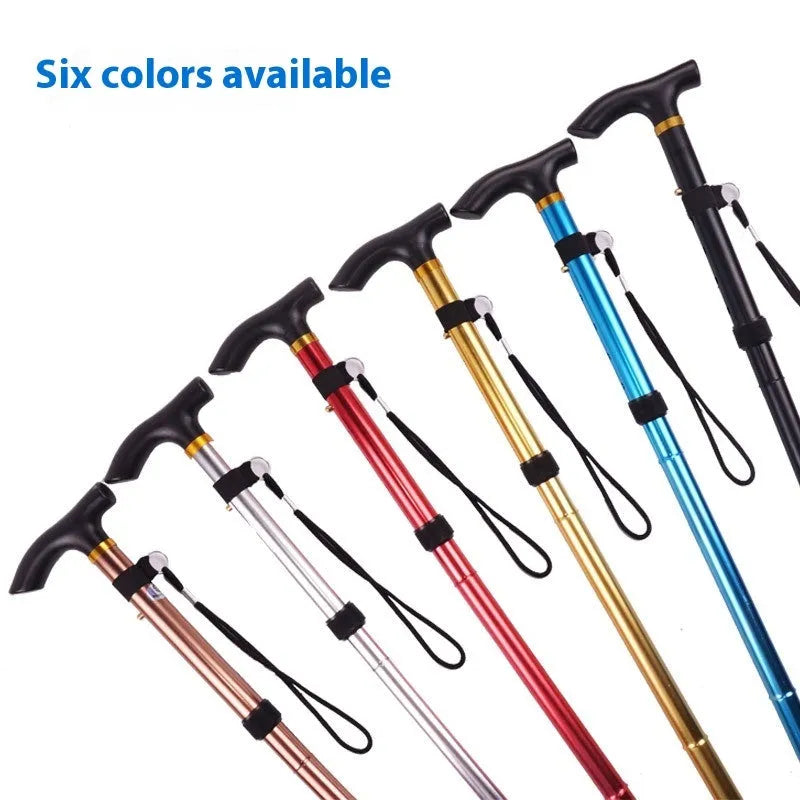 Aluminium alloy folding walking cane with non-slip handle, shown in an adjustable length from 85 to 95 cm.