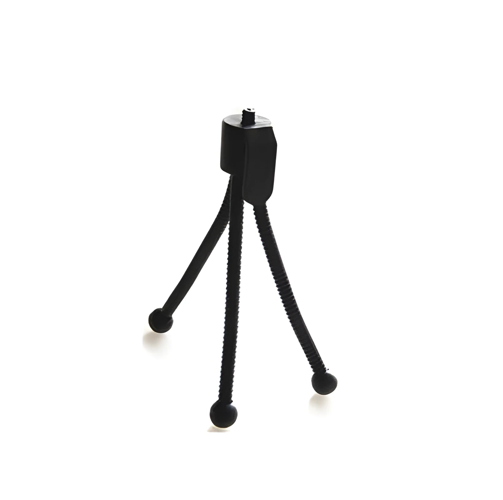Small black iron frame mini tripod with extended legs and a universal ball head mount.