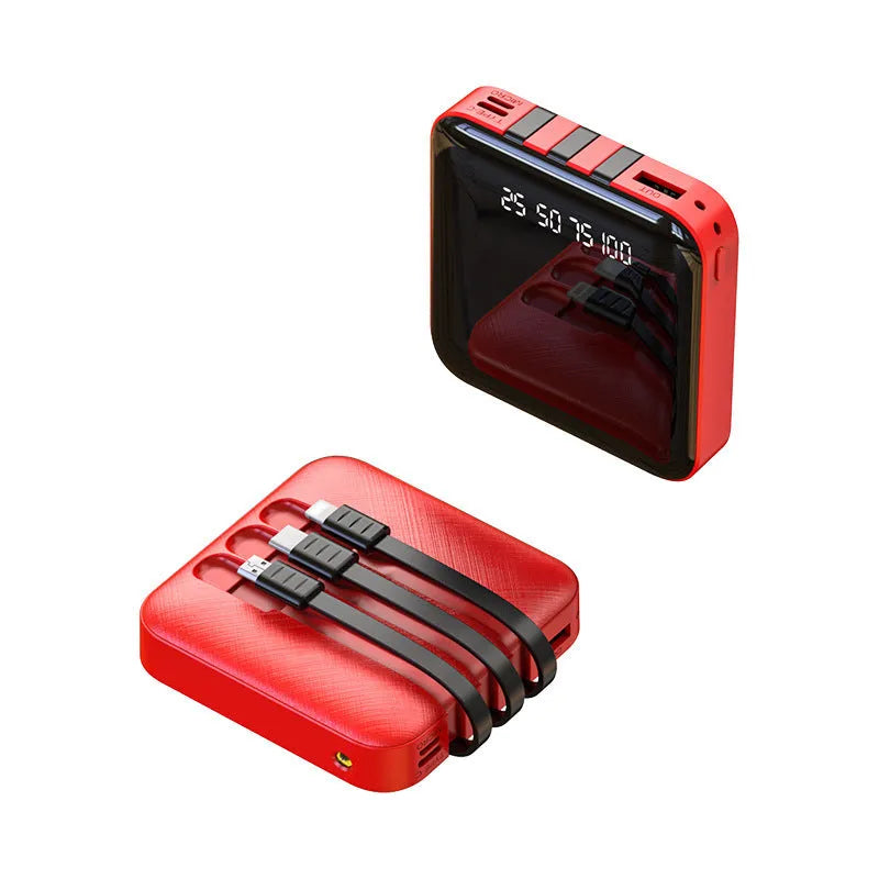 Mirror three-wire power bank in black or red plastic case showing dimensions