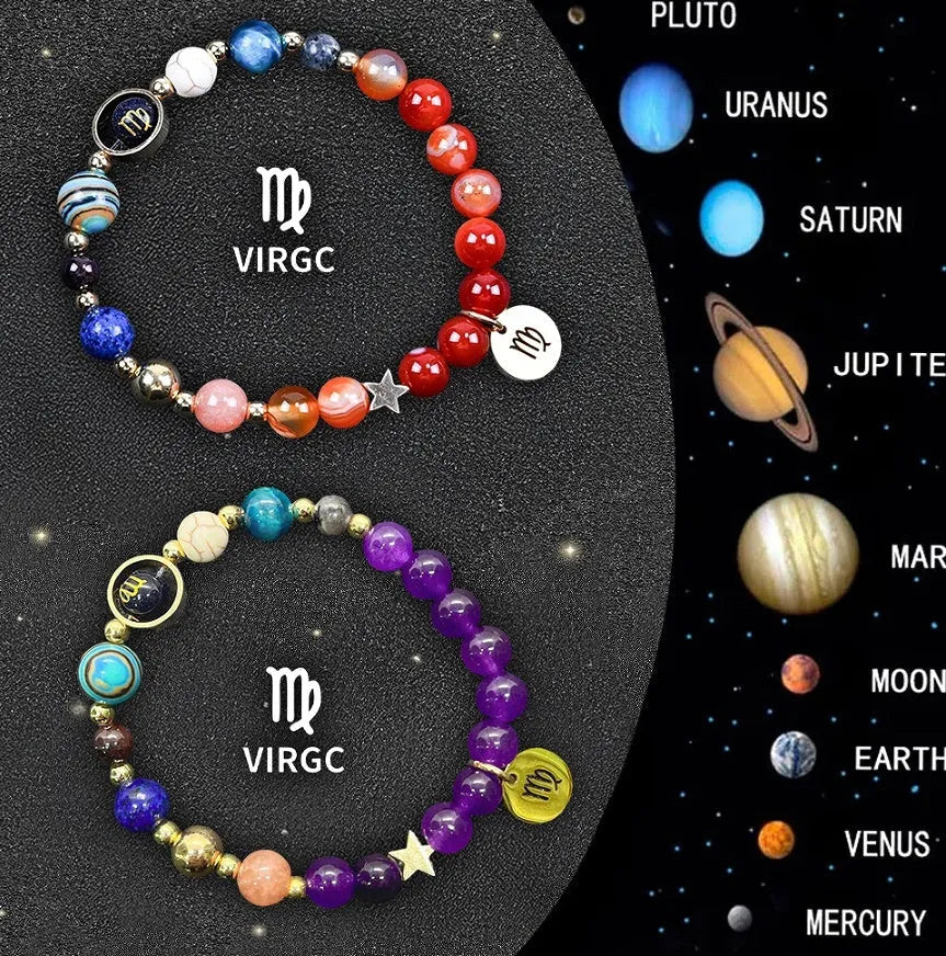 Two natural stone beaded bracelets for zodiac signs on a wrist, showing adjustable closure.