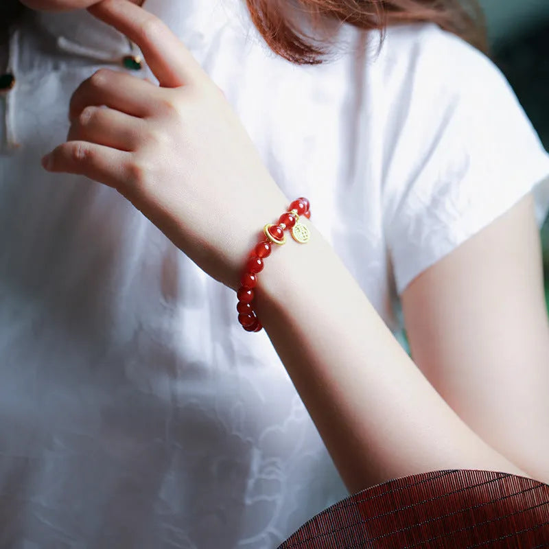 Natural red agate bracelet with weaving construction and blessing card