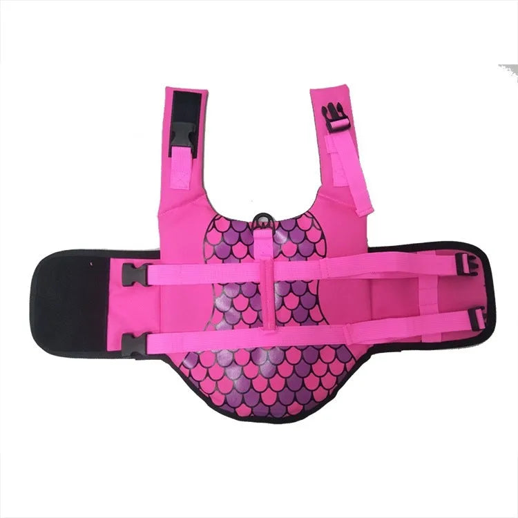 Pet life jacket vest for dogs in polyester, available in Rose Red and Silver Grey sizes XS to L