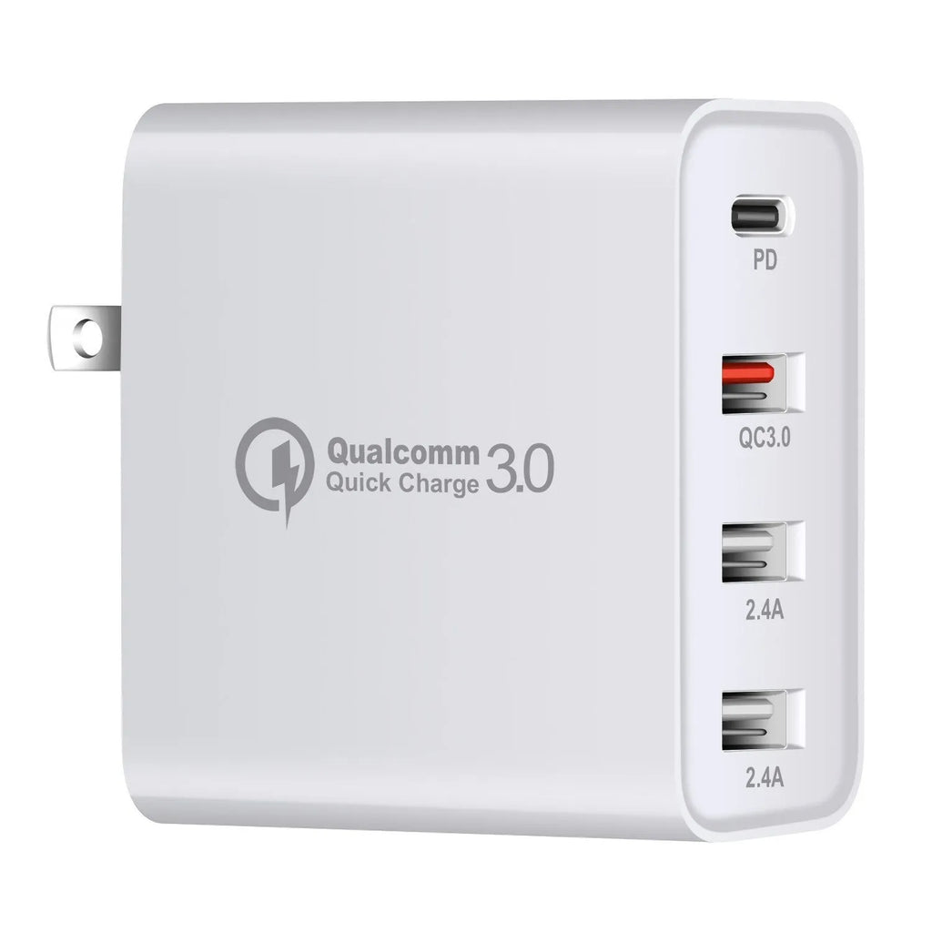 Black and white 48W four-port USB-C mobile phone wall charger with LED light.