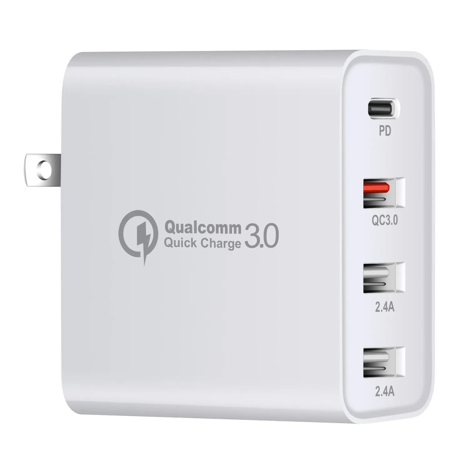 Black and white 48W four-port USB-C mobile phone wall charger with LED light.
