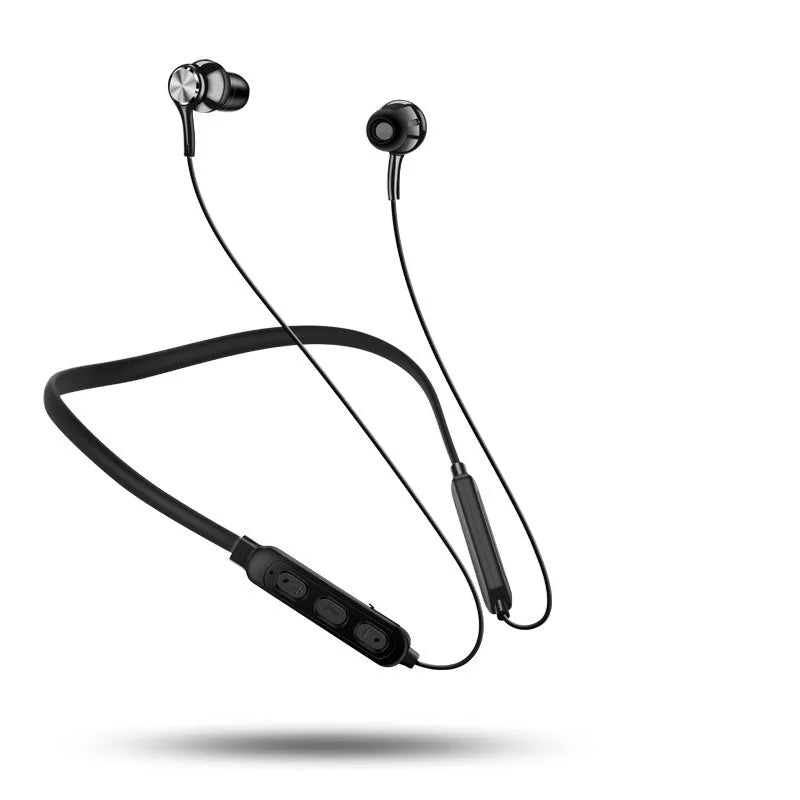 Red neckband sports Bluetooth earphones with earbuds and USB cable on a black background.