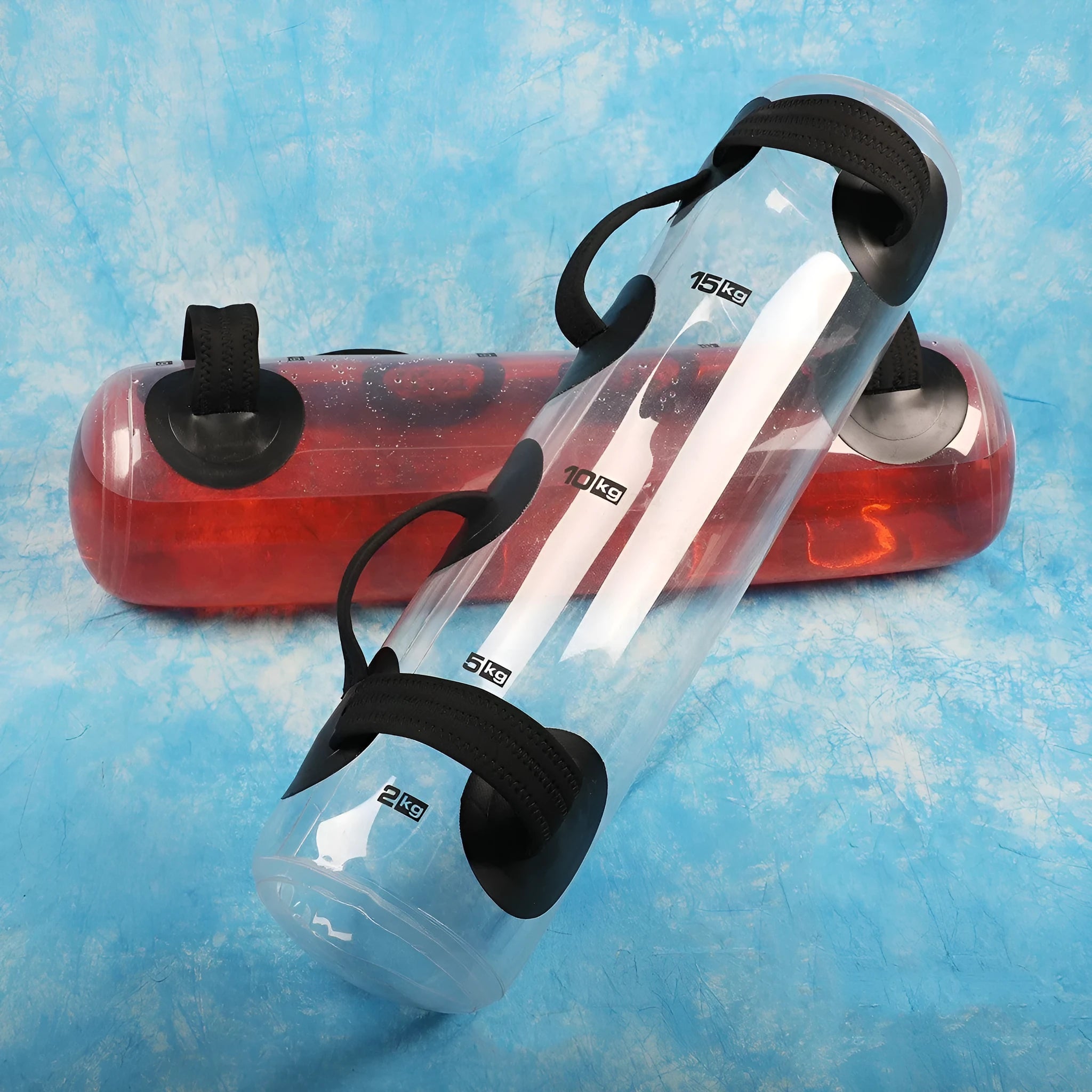 Transparent PVC inflatable water weight lifting bag in a soft dumbbell shape