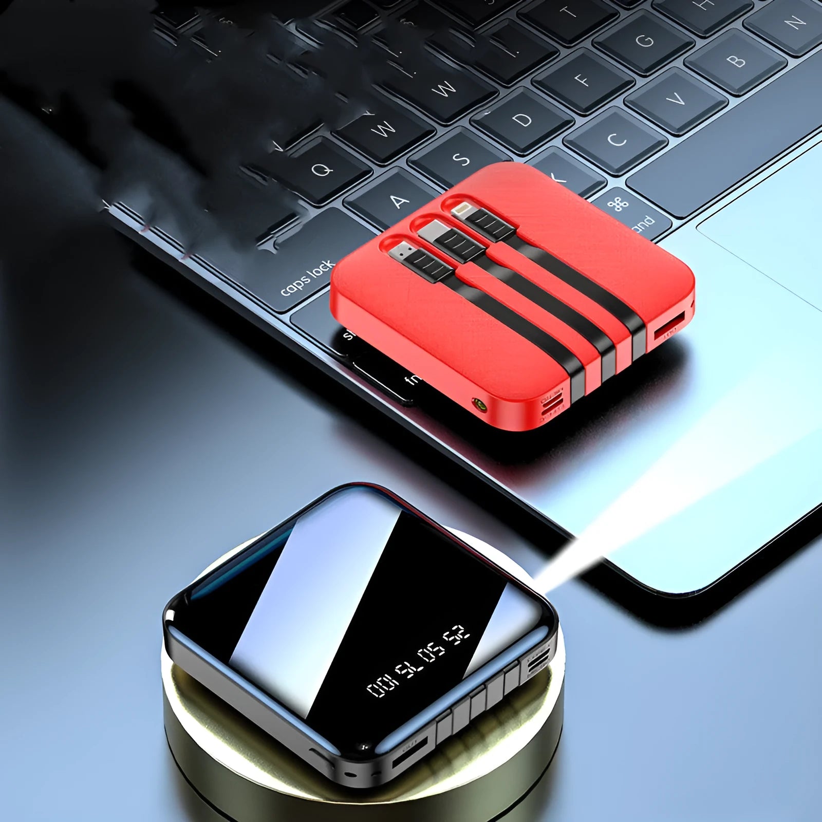 Mirror three-wire power bank in black or red plastic case showing dimensions