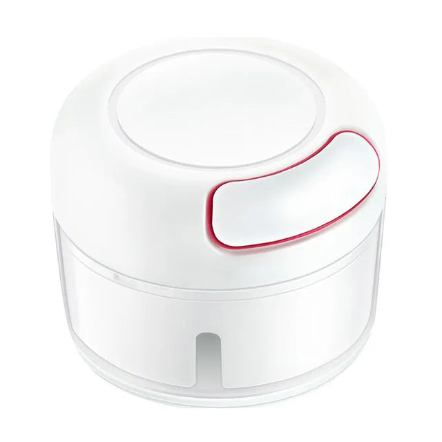Compact manual food chopper with plastic housing and stainless steel blades for vegetable preparation