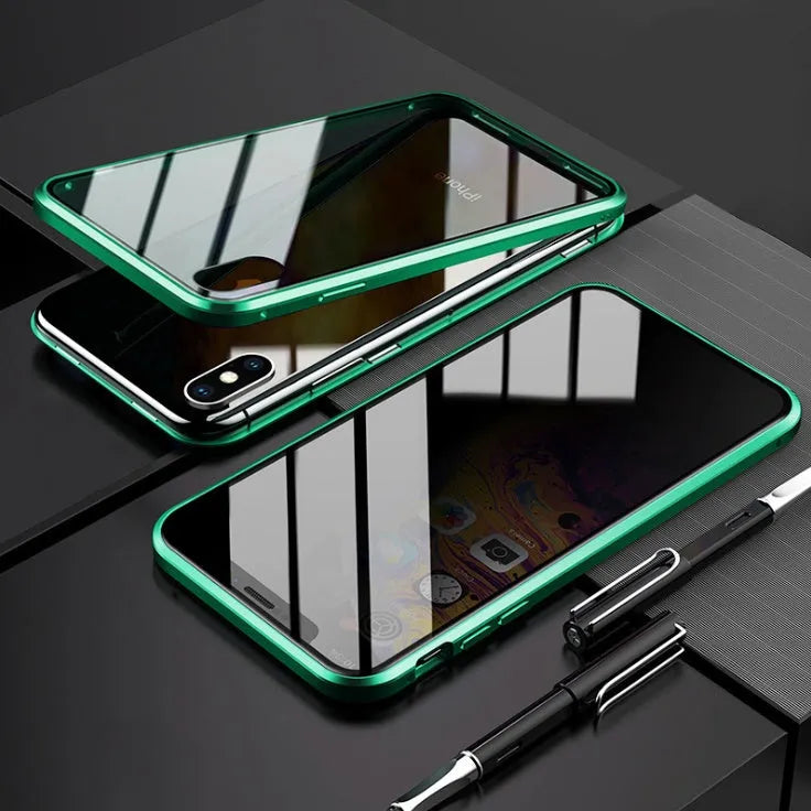 Black anti-peeping magnetic phone case for Samsung Galaxy shown in clamshell open position