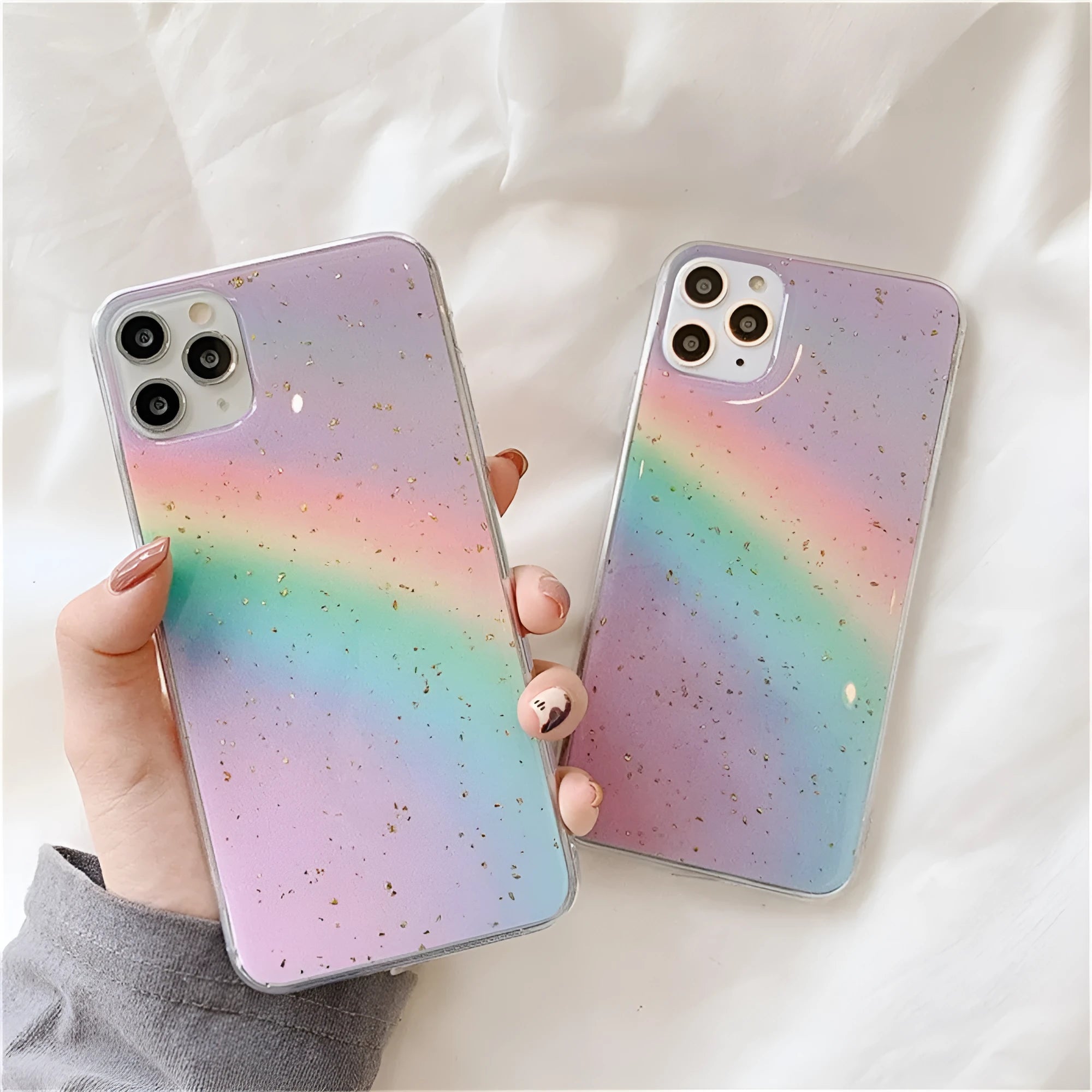 Rainbow gradient striped TPU protective case for iPhone, showing Japanese-Korean style design.
