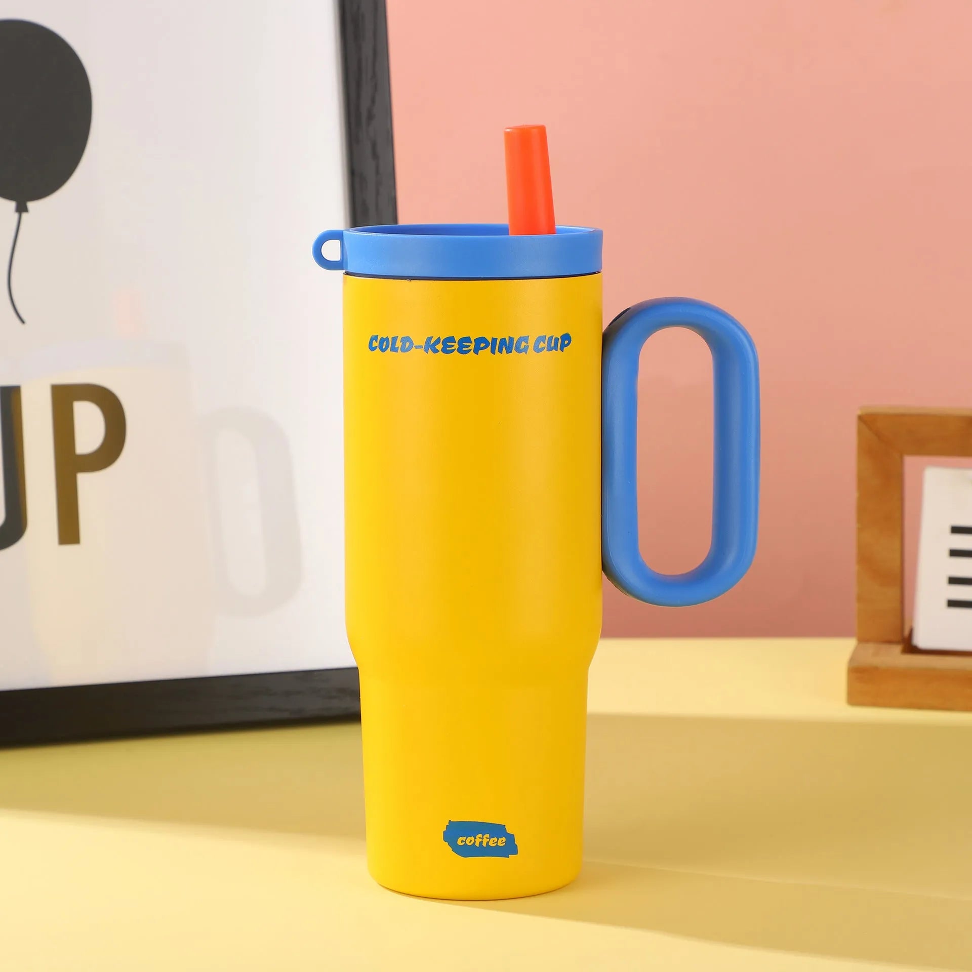 Large portable straw cup with handle in black, pink, sky blue, white, or yellow.