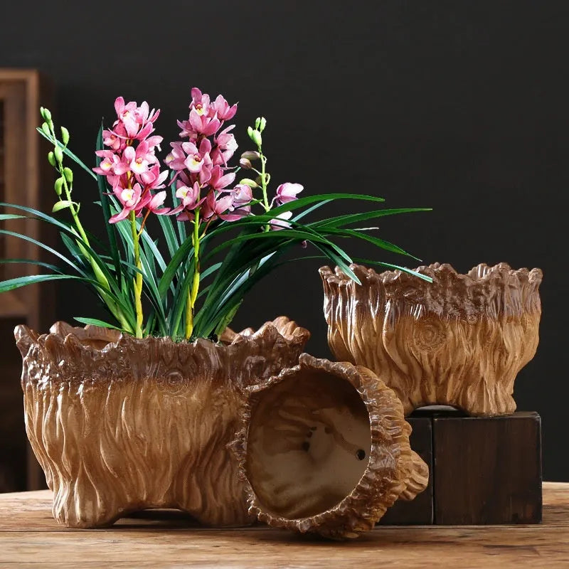 Ceramic wood-shaped tree root flower pot with green plant, large size, pastoral style for home gardening