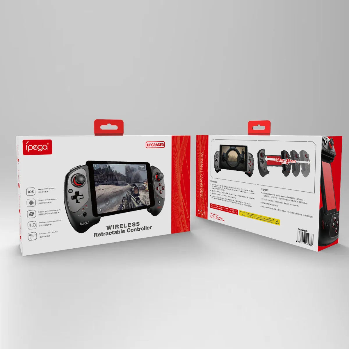 Red telescopic Bluetooth gamepad extended around smartphone with USB cable for PC connectivity