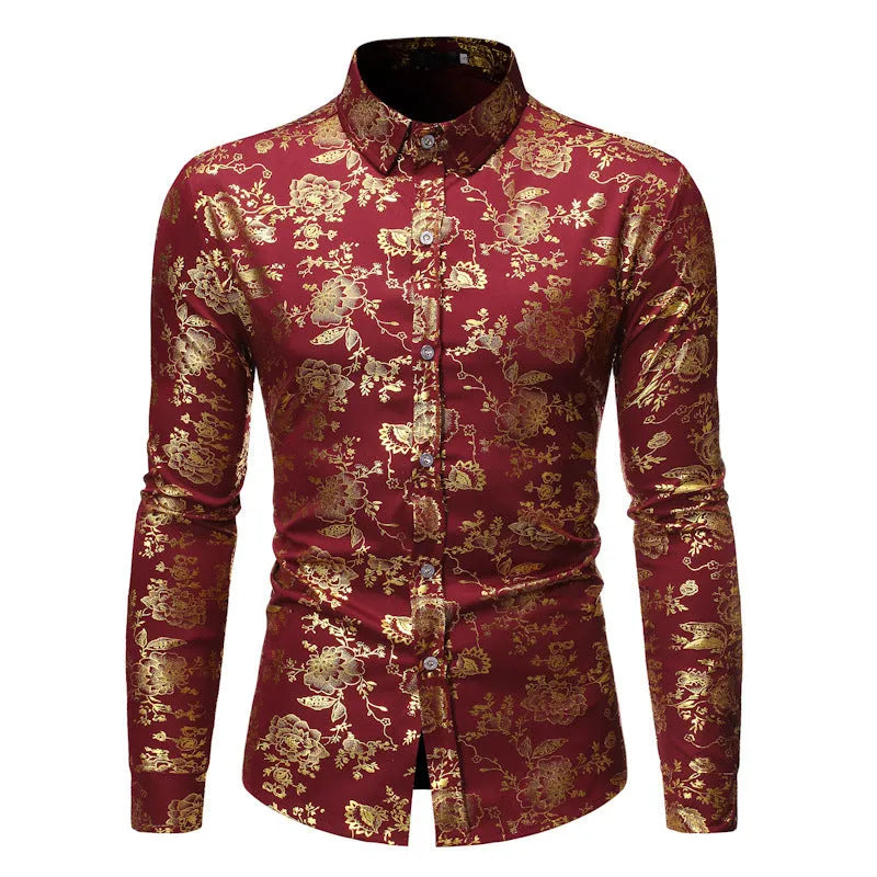 Men's casual long sleeve shirt with a metallic bronzed print detail on the lapel.