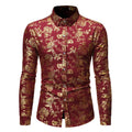 Men's casual long sleeve shirt with a metallic bronzed print detail on the lapel.