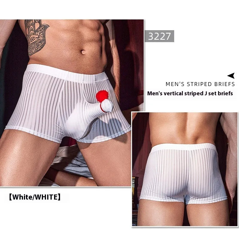 Men's black striped nylon boxer briefs laid flat, showing the elastic waistband and leg openings.