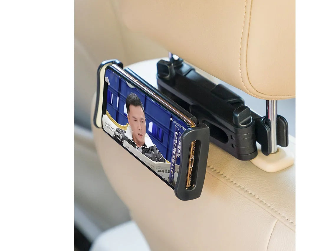 Black universal car phone and tablet holder mounted on a rear seat base.