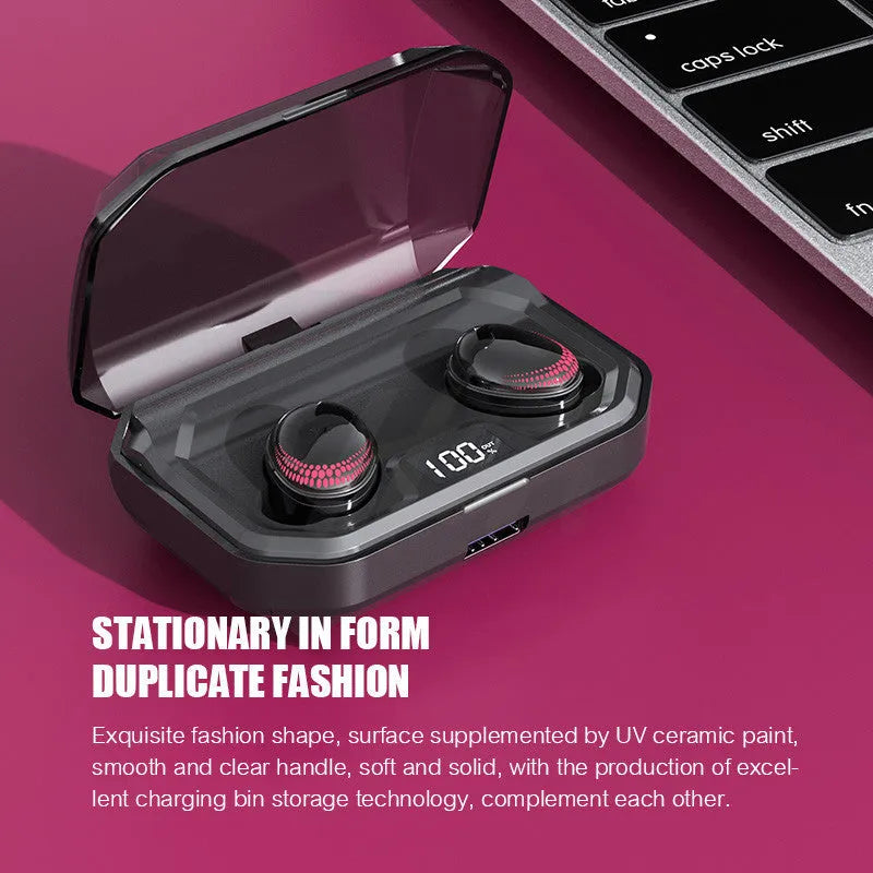Black Bluetooth headset with earbuds and charging case showing 6mm speakers