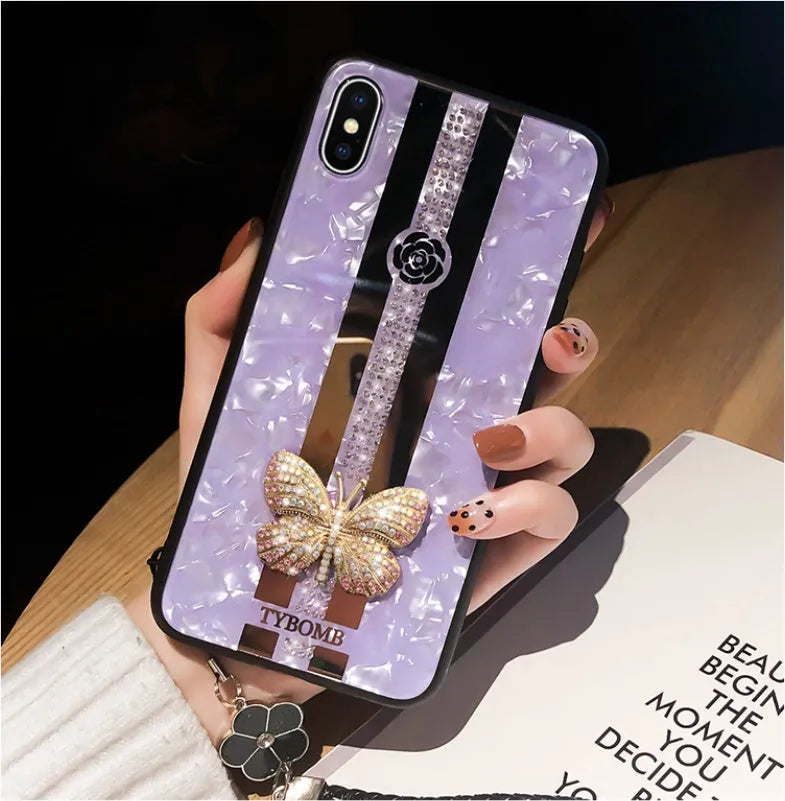 Luxury diamond butterfly mirror iPhone case in acrylic with gemstone decoration