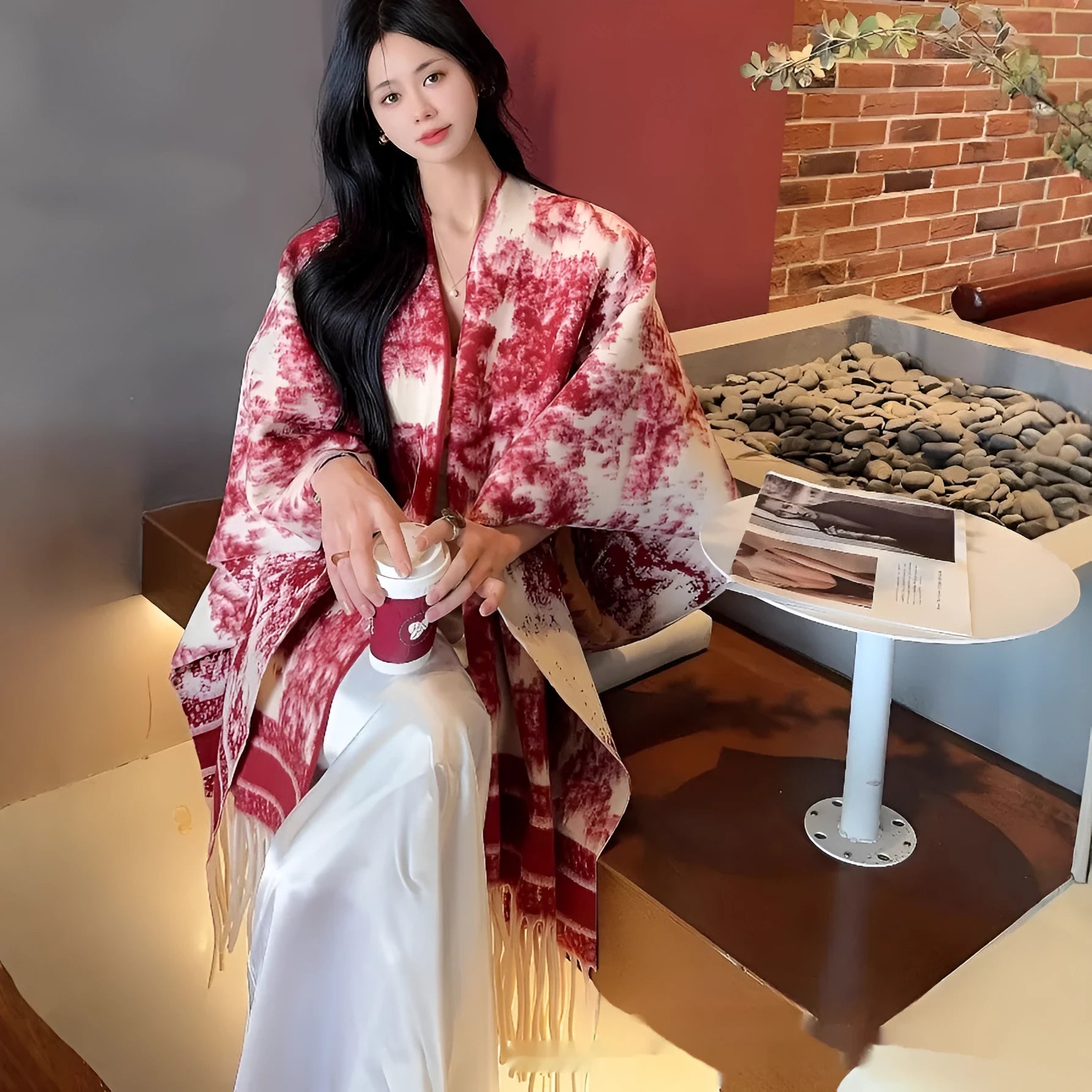 Women's personalised tassel scarf cape in a lightweight polyester fabric, shown in a shawl style.