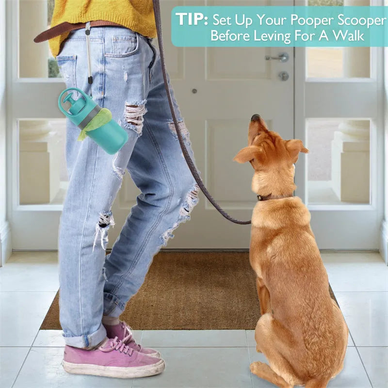 Blue portable dog poop scooper with built-in bag dispenser and eight-claw shovel mechanism