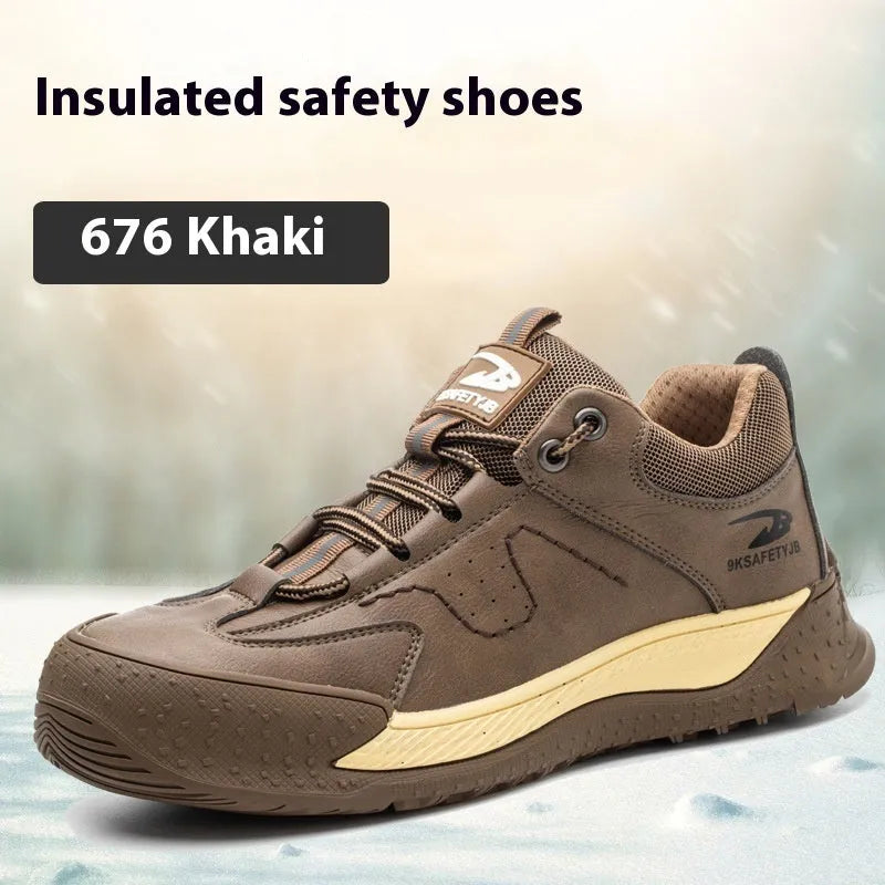 Flyknit leather work safety shoe with rubber sole in black, shown on a grey background