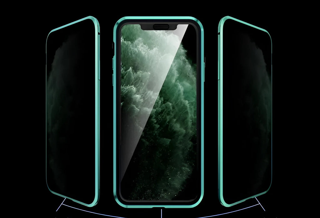 Black double-sided tempered glass magnetic clamshell case for iPhone shown open and closed.