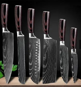 7Cr17 stainless steel kitchen knife with coloured wood handle and Damascus pattern blade on a black gift box.