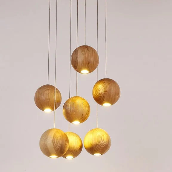 Nordic wood ball chandelier pendant light with adjustable height and wooden disc base