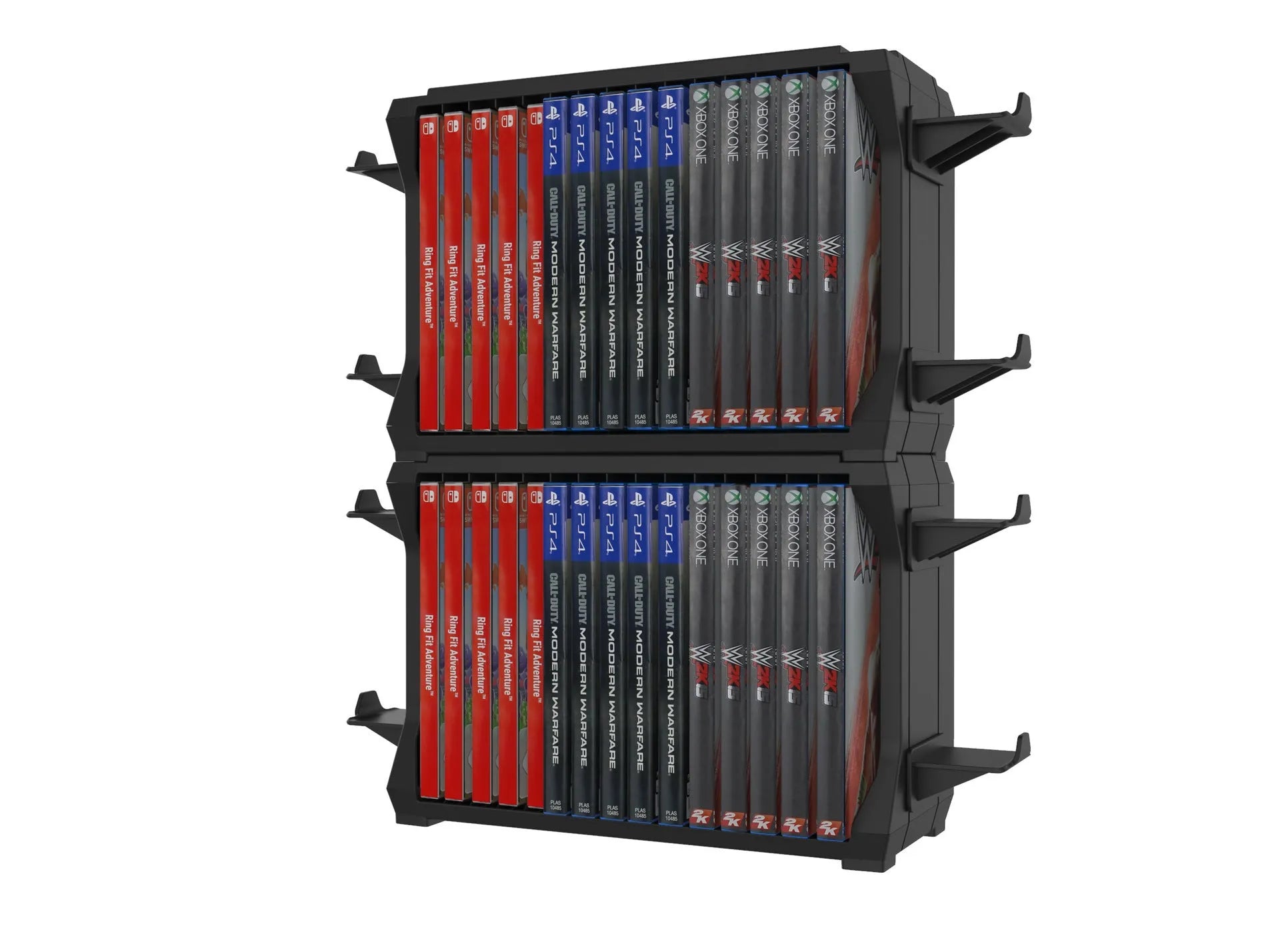 Black ABS plastic disc holder stand for PS5 and Xbox Series X game cartridges with four controller storage bays.