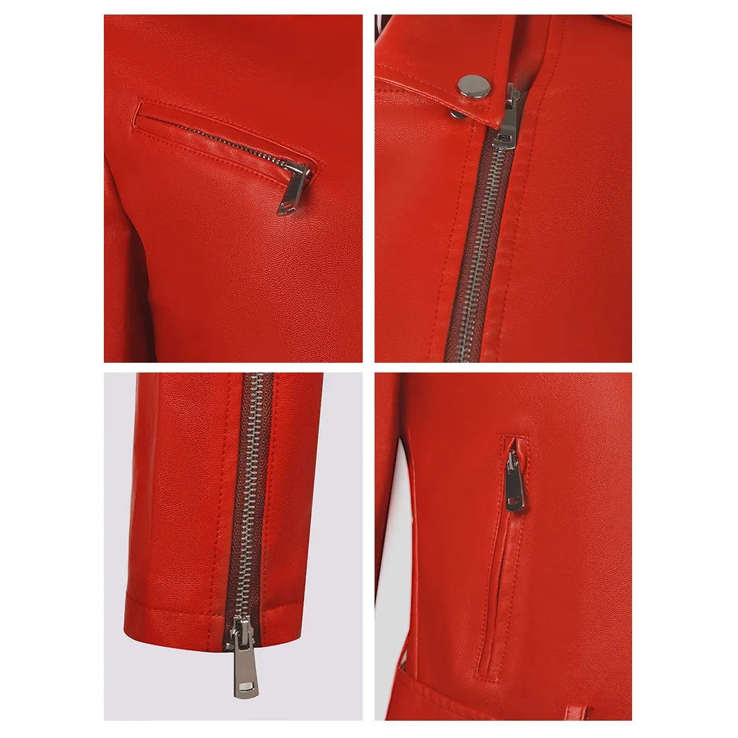 Women's short black PU leather jacket with waist belt on hanger