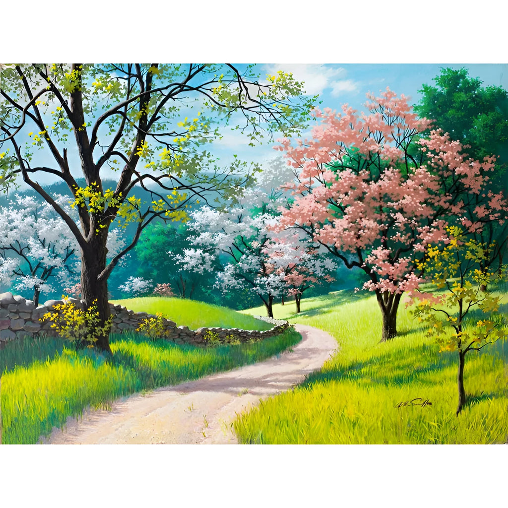 Paint by numbers kit showing landscape design on 40x50cm linen canvas with acrylic paints