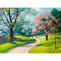 Paint by numbers kit showing landscape design on 40x50cm linen canvas with acrylic paints