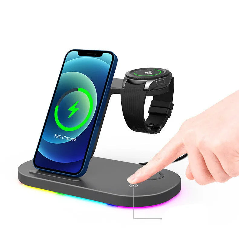 Three-in-one wireless charging station for mobile phones, watches and headphones in black or white