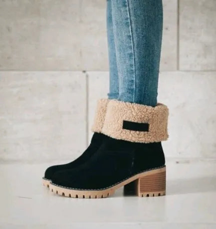 Women's suede mid-tube snow boots with a thick heel and round toe in various colours.